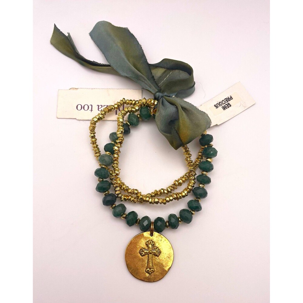 Lydell Green & Gold Beaded Wrap Bracelet Faith Cross Dangle Charm Stackable